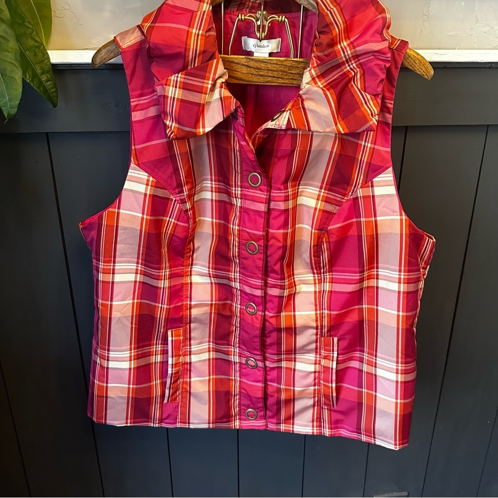 CJ Banks Womens Plus Size 1X Plaid Snap Up Ruffle Collar Pocket Vest Pink EUC - Picture 7 of 10
